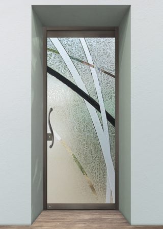 All Glass Front Door showcasing a Frosted Glass Geometric Design with Sandblast Etched Glass Art by Sans Soucie Arcos Design