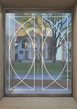 Not Private Exterior Glass Door with Sandblast Etched Glass Art by Sans Soucie Featuring Arcs Geometric Design