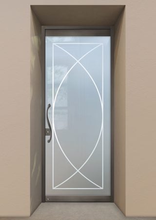 All Glass Front Door showcasing a Frosted Glass Geometric Design with Sandblast Etched Glass Art by Sans Soucie Arcs Design