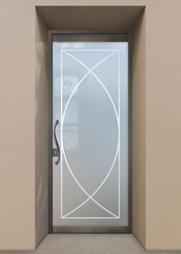 Private Exterior Glass Door with Sandblast Etched Glass Art by Sans Soucie Featuring Arcs Geometric Design