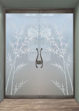 Frameless Glass Door Entry with a Frosted Glass Bamboo Forest Asian Design for Private by Sans Soucie Art Glass