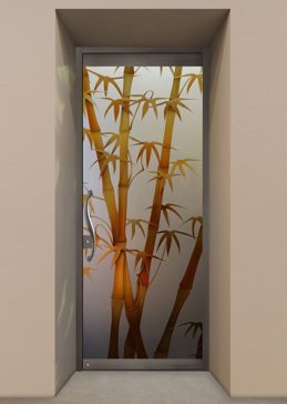 Private Exterior Glass Door with Sandblast Etched Glass Art by Sans Soucie Featuring Bamboo Shoots II Copper Asian Design
