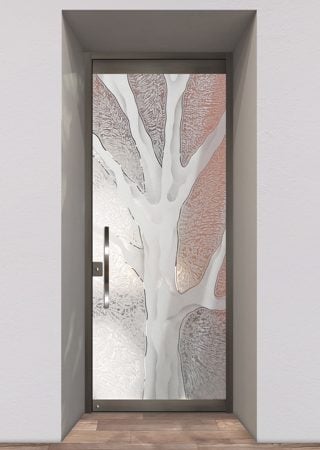 All Glass Front Door showcasing a Frosted Glass Tree Design with Sandblast Etched Glass Art by Sans Soucie Barren Branches Design