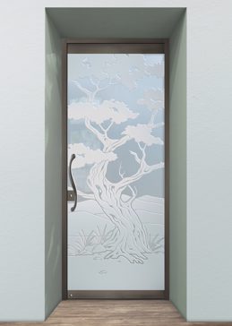 Art Glass Exterior Glass Door Featuring Sandblast Frosted Glass by Sans Soucie for Private with Asian Bonsai Design