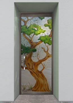 Art Glass Exterior Glass Door Featuring Sandblast Frosted Glass by Sans Soucie for Semi-Private with Asian Bonsai Design