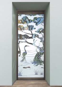 Semi-Private Exterior Glass Door with Sandblast Etched Glass Art by Sans Soucie Featuring Bonsai Egret Asian Design