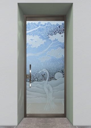 All Glass Front Door showcasing a Frosted Glass Asian Design with Sandblast Etched Glass Art by Sans Soucie Bonsai Egret Design