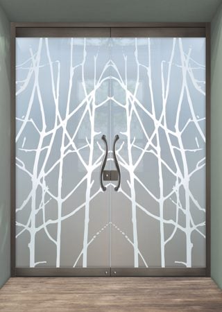 All Glass Front Door with a sandblast Frosted Glass Tree Design Custom-Designed Decorative Etched Glass