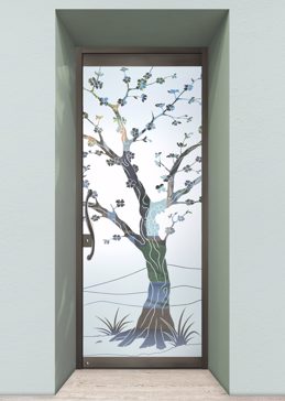 Handcrafted Etched Glass Exterior Glass Door by Sans Soucie Art Glass with Custom Asian Design Called Cherry Blossom III Creating Semi-Private