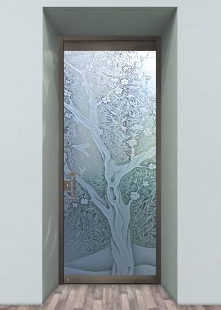 All Glass Front Door featuring Frosted Glass Design Etched Glass by Sans Soucie Art Glass with Custom Asian Design Cherry Blossom III