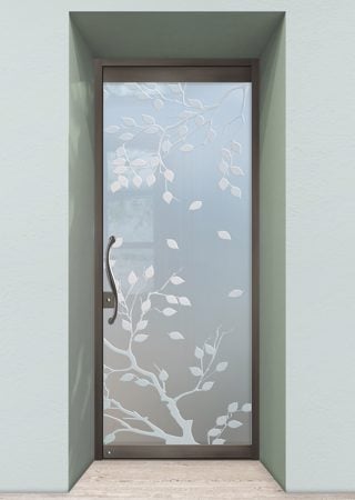 All Glass Front Door showcasing a Frosted Glass Asian Design with Sandblast Etched Glass Art by Sans Soucie Cherry Tree Design