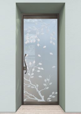 Private Exterior Glass Door with Sandblast Etched Glass Art by Sans Soucie Featuring Cherry Tree Asian Design