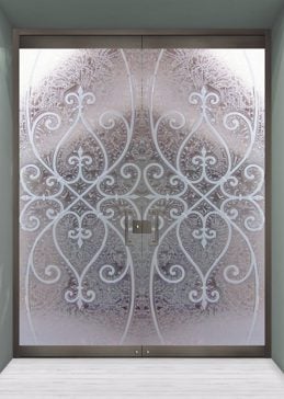Art Glass Exterior Glass Door Featuring Sandblast Frosted Glass by Sans Soucie for Semi-Private with Wrought Iron Corazones Design