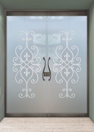 All Glass Front Door with a sandblast Frosted Glass Wrought Iron Design Custom-Designed Decorative Etched Glass