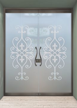 Custom-Designed Decorative Frameless Glass Door Entry with Sandblast Etched Glass by Sans Soucie Art Glass Handcrafted by Glass Artists
