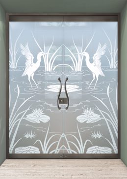 Private Frameless Glass Door Entry with Sandblast Etched Glass Art by Sans Soucie Featuring Cranes A Wildlife Design