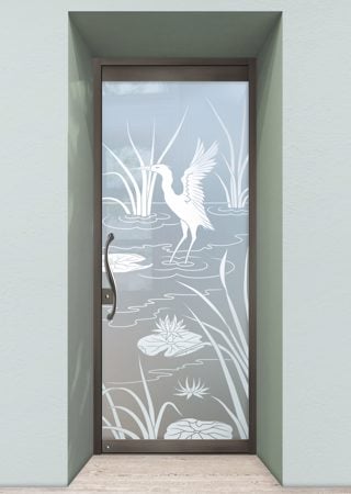 All Glass Front Door showcasing a Frosted Glass Wildlife Design with Sandblast Etched Glass Art by Sans Soucie Cranes A Design