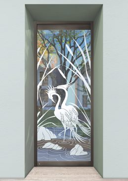 Not Private Exterior Glass Door with Sandblast Etched Glass Art by Sans Soucie Featuring Cranes & Cattails Wildlife Design