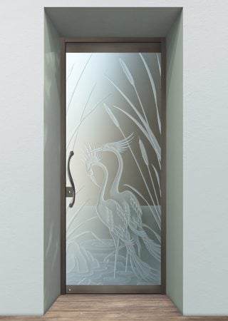 All Glass Front Door showcasing a Frosted Glass Wildlife Design with Sandblast Etched Glass Art by Sans Soucie Cranes & Cattails Design
