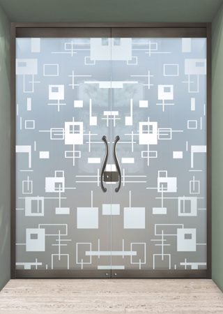 All Glass Front Door with a Frosted Glass Cross Bars Geometric Design for Semi-Private by Sans Soucie Art Glass