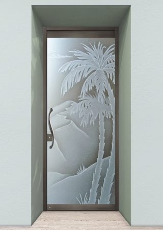 All Glass Front Door with a sandblast Frosted Glass Palm Trees Design Custom-Designed Decorative Etched Glass
