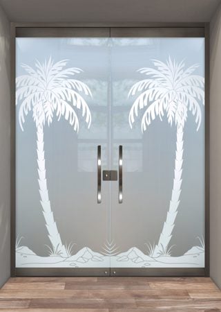 All Glass Front Door with a sandblast Frosted Glass Palm Trees Design Custom-Designed Decorative Etched Glass