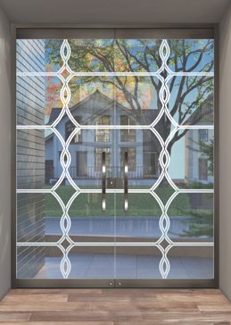 Handcrafted Etched Glass Exterior Glass Door by Sans Soucie Art Glass with Custom Traditional Design Called Diamond Beads Creating Not Private