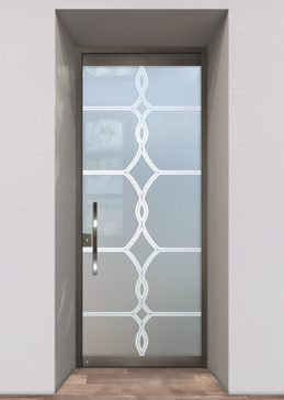Handcrafted Etched Glass Exterior Glass Door by Sans Soucie Art Glass with Custom Traditional Design Called Diamond Beads Creating Private