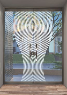 Art Glass Exterior Glass Door Featuring Sandblast Frosted Glass by Sans Soucie for Not Private with Geometric Divise Stripes Design