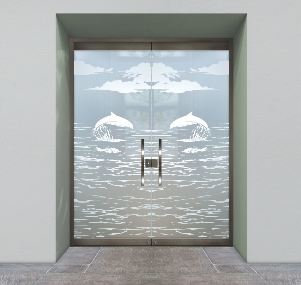 Dolphins in the Shimmer 
Private 1D Private Frosted Glass Finish Beach Decor Glass Front Doors Sans Soucie 