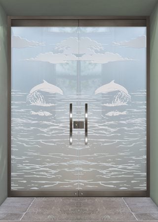 All Glass Front Door featuring Frosted Glass Design Etched Glass by Sans Soucie Art Glass with Custom Oceanic Design Dolphins in the Shimmer