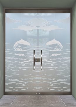 Handcrafted Etched Glass Exterior Glass Door by Sans Soucie Art Glass with Custom Oceanic Design Called Dolphins in the Shimmer Creating Private