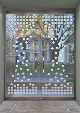 Not Private Exterior Glass Door with Sandblast Etched Glass Art by Sans Soucie Featuring Falling Squares Geometric Design