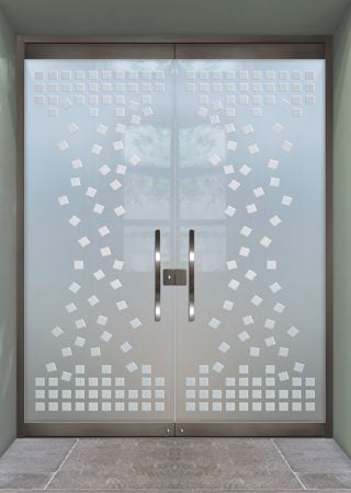 All Glass Front Door showcasing a Frosted Glass Geometric Design with Sandblast Etched Glass Art by Sans Soucie Falling Squares Design