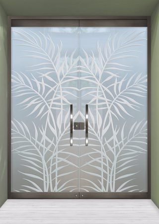 All Glass Front Door with a sandblast Frosted Glass Tropical Design Custom-Designed Decorative Etched Glass