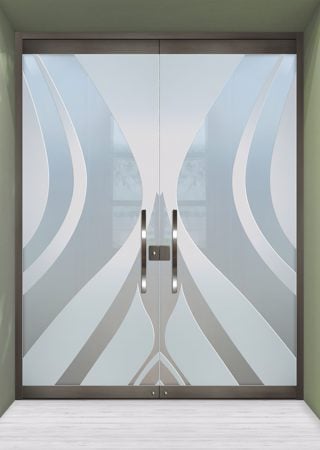 All Glass Front Door featuring a Frosted Glass Abstract Design Sandblast Etched Glass Flow Design by Sans Soucie