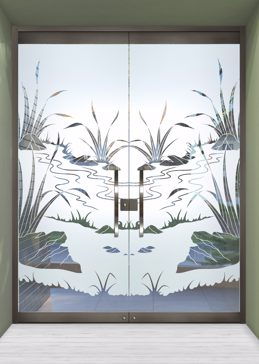 Handcrafted Etched Glass Exterior Glass Door by Sans Soucie Art Glass with Custom Foliage Design Called Flowing Streams Creating Semi-Private