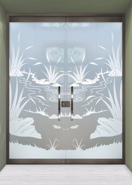 Handcrafted Etched Glass Exterior Glass Door by Sans Soucie Art Glass with Custom Foliage Design Called Flowing Streams Creating Private