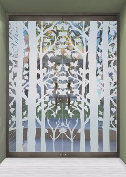 Not Private Exterior Glass Door with Sandblast Etched Glass Art by Sans Soucie Featuring Forest Trees Trees Design