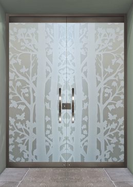 Private Exterior Glass Door with Sandblast Etched Glass Art by Sans Soucie Featuring Forest Trees Trees Design