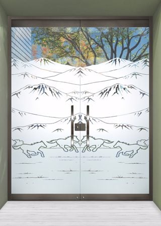 All Glass Front Door featuring a Frosted Glass Western Design Sandblast Etched Glass Galloping in the Vistas Design by Sans Soucie