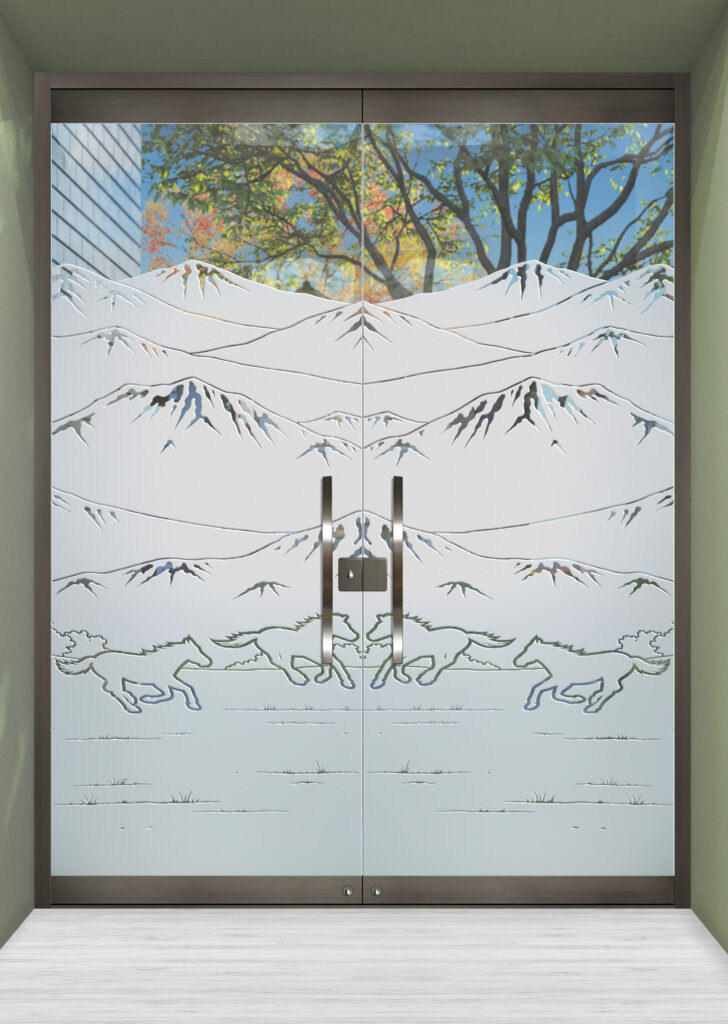 Frameless glass entry doors with nature-inspired glass design for commercial areas