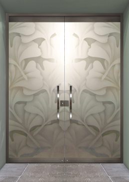 Art Glass Exterior Glass Door Featuring Sandblast Frosted Glass by Sans Soucie for Private with Asian Ginkgo Design