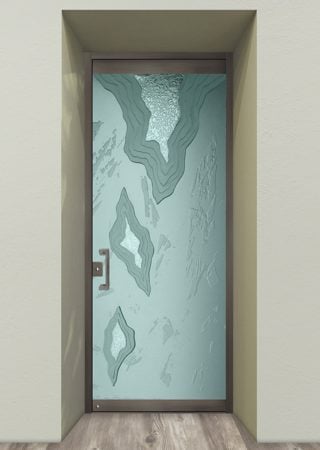 All Glass Front Door showcasing a Frosted Glass Abstract Design with Sandblast Etched Glass Art by Sans Soucie Glacier Design