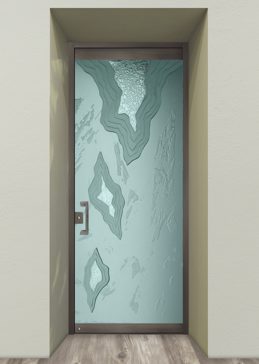 Private Exterior Glass Door with Sandblast Etched Glass Art by Sans Soucie Featuring Glacier Abstract Design