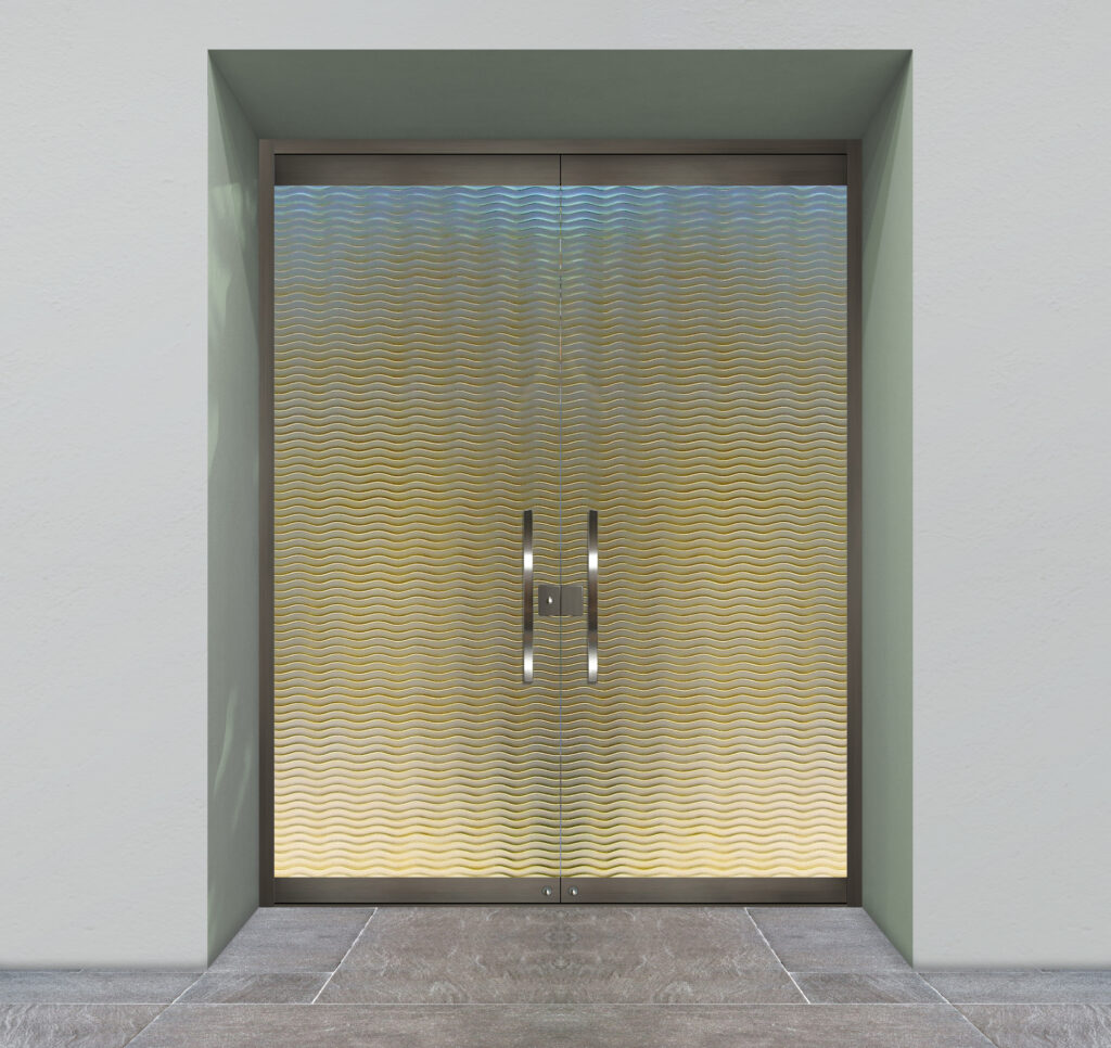 Custom full glass exterior doors handcrafted by Sans Soucie Art Glass for modern architecture.