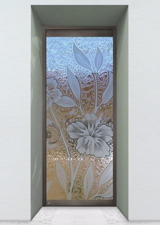 All Glass Front Door with Frosted Glass Tropical Hibiscus II Design by Sans Soucie