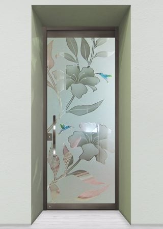 All Glass Front Door with a sandblast Frosted Glass Tropical Design Custom-Designed Decorative Etched Glass
