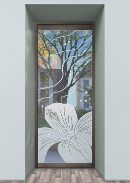 Not Private Exterior Glass Door with Sandblast Etched Glass Art by Sans Soucie Featuring Hibiscus Ripples Tropical Design