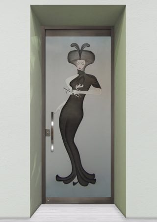All Glass Front Door showcasing a Frosted Glass Art Deco Design with Sandblast Etched Glass Art by Sans Soucie Hillis Furs Puff Design